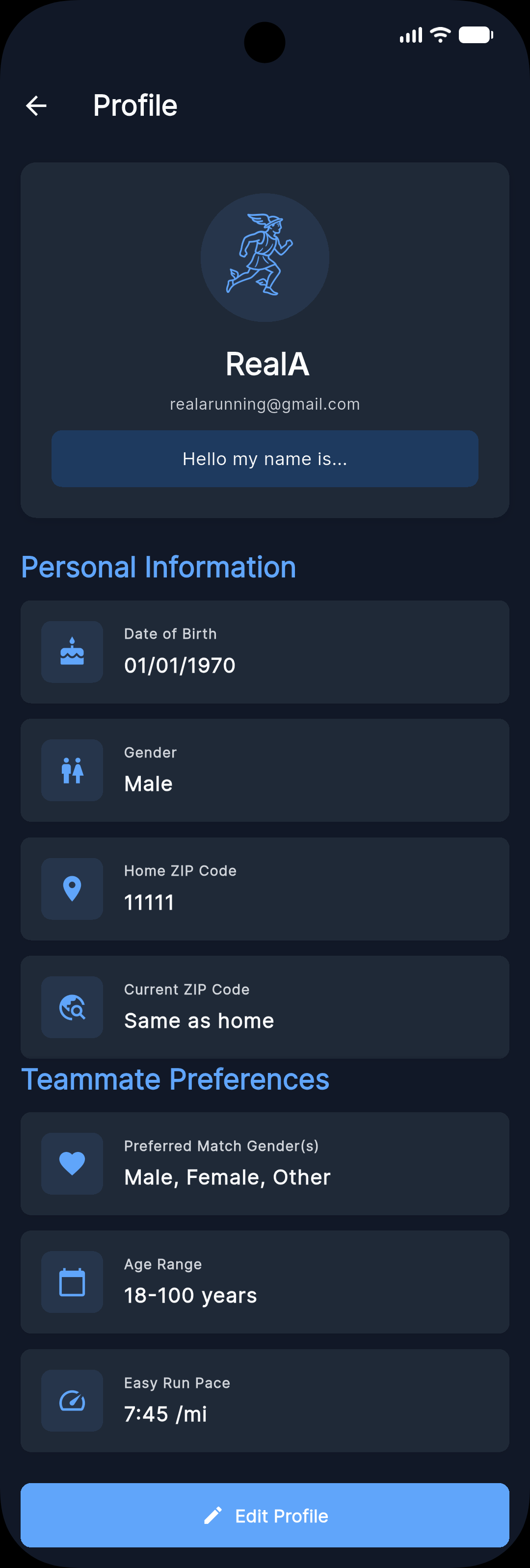 Profile screen showing personal information, teammate preferences, and edit profile